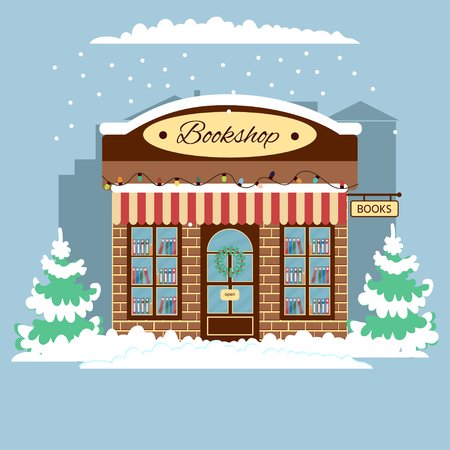 Book shop front view. City design elements winter. Banner. Book store with welcome sign, garland, Christmas wreath.のイラスト素材