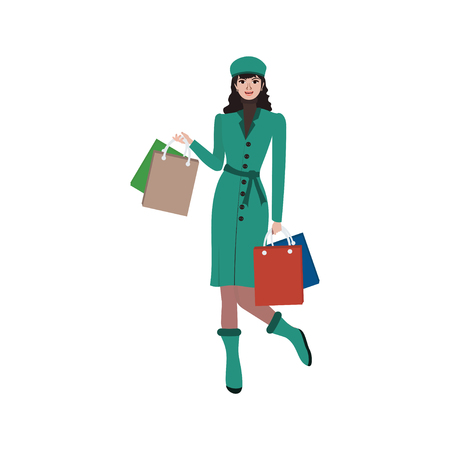 Happy  cute woman carrying shopping bags. Cute woman holding a lot of shopping bags. Vector illustrationのイラスト素材