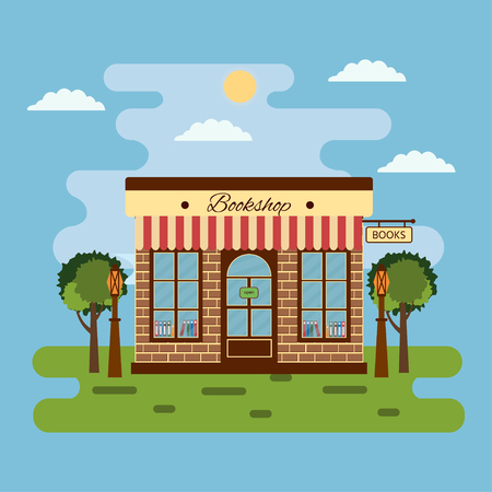 Cute vector cartoon bookshop. Bright building illustration banner. Bookstore. Traditional architecture. Cartoon style design.のイラスト素材