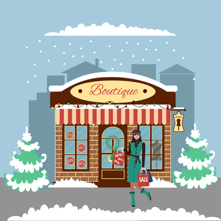 Boutique front view. Girl with shopping, with packages. City design elements winter. Banner. Vector  cartoon illustration.のイラスト素材