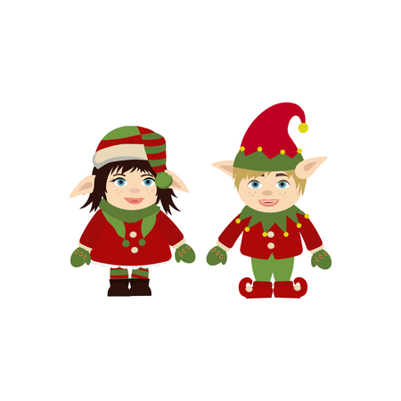 Set of cute and funny character Merry Christmas elfs in santa claus hats. Cute Christmas cartoon character for card, banner, leaflet, poster.のイラスト素材