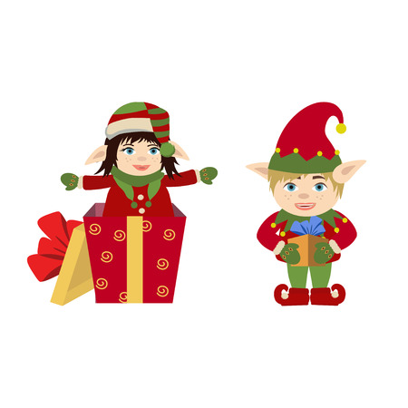 Set of Christmas elf in different positions. Design element for card, banner, leaflet, poster. Cartoon style.のイラスト素材