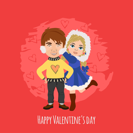 Valentine's Day. Cute boy and girl. Love cards. Vector illustration.のイラスト素材