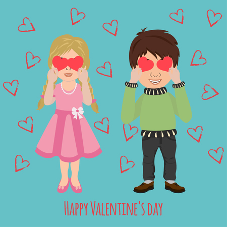 Valentine's Day. Cute boy and girl. Love cards. Vector illustration.のイラスト素材