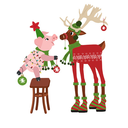 Christmas icon with deer and pig. Vector winter  holiday illustration can use  for decoration, greeting cards, invitations.のイラスト素材