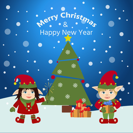 Greeting card with of Christmas elfs, christmas tree, gift boxes.  Vector illustration. Cartoon style.