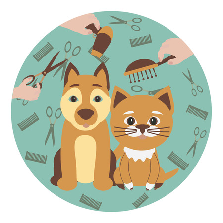 Cute dog and cat at groomer salon. Pet grooming concept.  Vector illustration for pet hair salon, styling and grooming shop, pet store for dogs and catsのイラスト素材