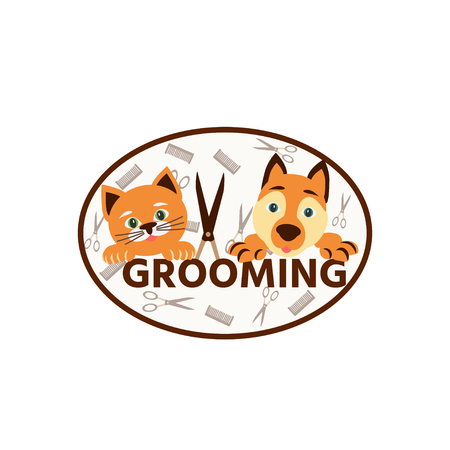 Cute dog and cat at groomer salon. Pet grooming concept.  Vector illustration for pet hair salon, styling and grooming shop, pet store for dogs and catsのイラスト素材