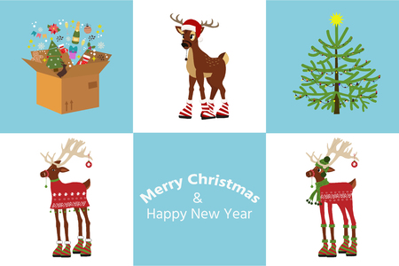 Set of Christmas cute deer and  christmas tree, gift boxes. Design element for card, banner, leaflet, poster. Cartoon style.のイラスト素材