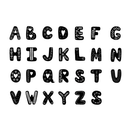 Decorative alphabet in scandinavian style letters with an ornament. Vector hand drawn elements  for print, poster, tshirt, playroom, nursery, poster, greeting card.のイラスト素材