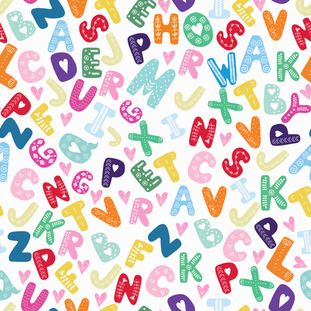 Vector seamless pattern color with letters with an ornament in scandanavian style. Nordic typographic design for textile wallpaper packaging.のイラスト素材