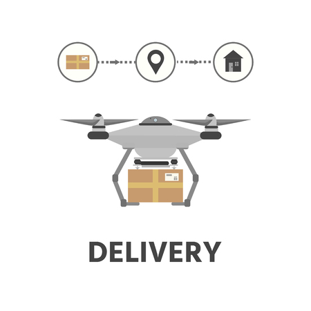 Infographic concept deliver parcel.  Drone delivers the parcel. The concept of fast, free delivery, gift. Vector illustration for design.のイラスト素材