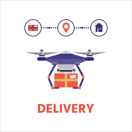 Drone with box.  Delivery by drone. Vector illustration with flying quadrocopters in flat style.のイラスト素材