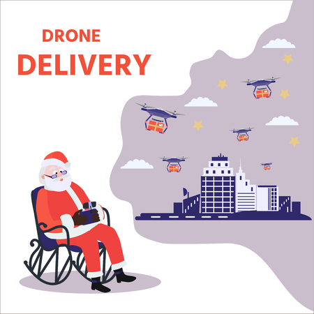 Santa Claus controls drone.  Christmas delivery service gifts at home. Vector illustration for banner, poster, billboard, booklet.のイラスト素材
