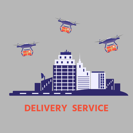 Banner: Delivery service. Vector illustration with flying quadrocopters above the city in flat style.のイラスト素材