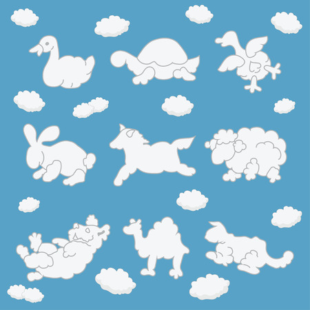Set of cute clouds in the form of different animals on blue background. Vector hand drawn illustration.のイラスト素材
