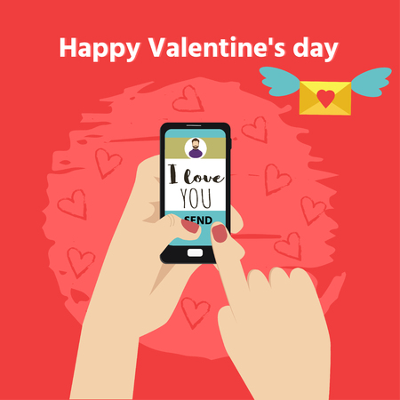 Happy Valentine's Day. Hands holding mobile phone and envelope icon with heart. Romantic recognition with mobile messages.のイラスト素材