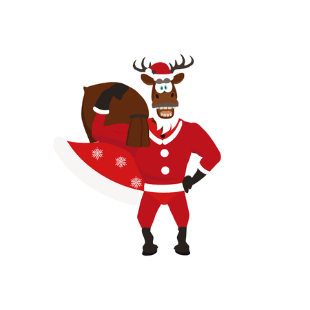 Cute  Reindeer wears a Santa Claus suit with gift bag. Cartoon style of icons for presents, invitation, children room decor, interior designのイラスト素材