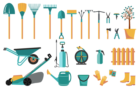 Set of various colorful gardening tools. Flat design illustration of items for gardening and farming . Vector illustration.のイラスト素材