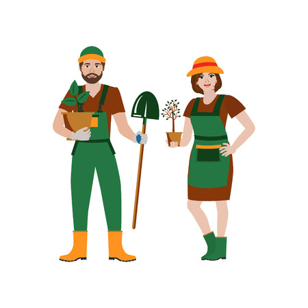 Gardeners, man and woman.  Farmers and gardeners agriculture concept. Flat cartoon vector illustrationのイラスト素材