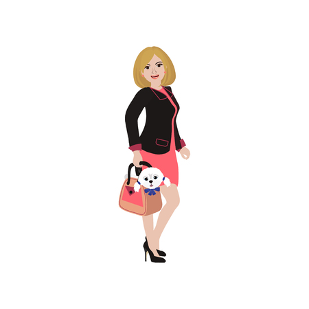 Woman with cute dog in bag. Travelling with animals concept. Vector illustrationのイラスト素材