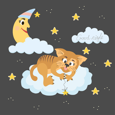 Cute little cat on the cloud on a dark background with moon and stars. Cartoons style. For design of postcards, posters, etcのイラスト素材