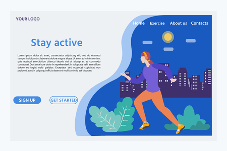 Stay healthy landing. Vector illustration with  jogging woman in the city. Active and healthy lifestyle. Modern flat design concept of web page design for websiteのイラスト素材