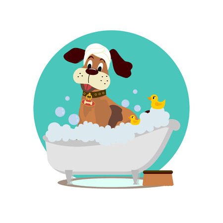 Dog grooming. Cute dog taking a bath. Vector cartoon style illustrationのイラスト素材