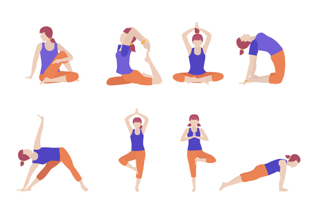 Set icon of woman doing yoga pose on poster design, banner. Vector illustration. The concept of Healthy lifestyle. icon for yoga center. のイラスト素材