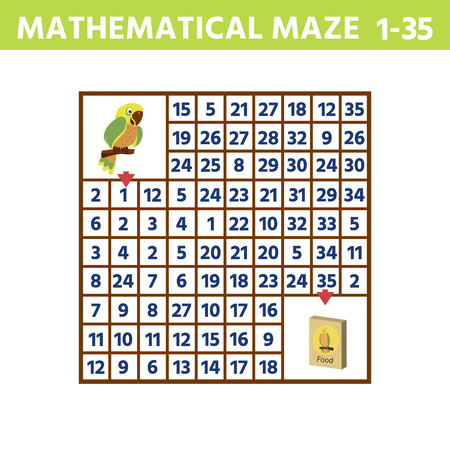 Funny game maze  for children education. Maze.  Help the cartoon parrot find the feed. Vector Illustrationのイラスト素材