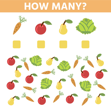 How many. Educational game. Maths task for the development of logical thinking of children. Count carrots, cabbages, apples, pear and write down the result.のイラスト素材