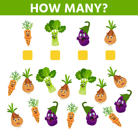 How many. Educational game. Maths task for the development of logical thinking of children. Count carrots, cabbages, onion, salad, eggplant and write down the result.のイラスト素材