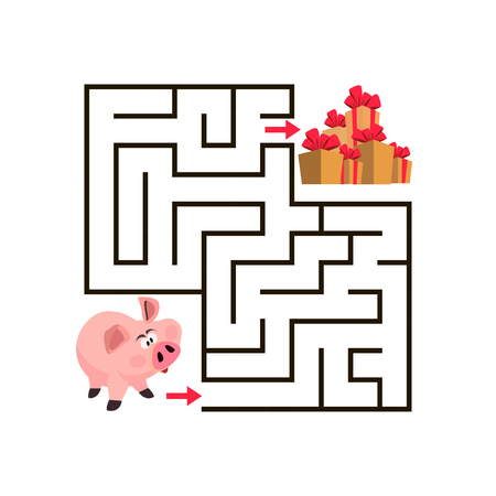 Maze game for kids with cute piggy character and presents. Help pig find his way in labyrinth. Maze for preschool and school kids.のイラスト素材