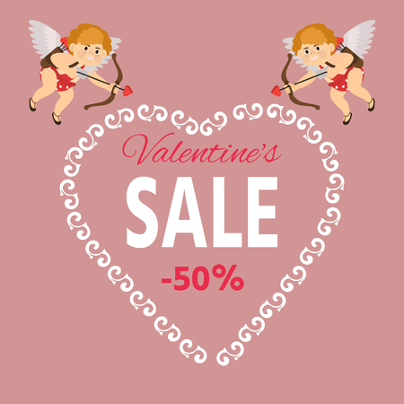 Banner for valentine's day sale with cupid with arrow and bow.   Seasonal sale. Vector illustrationのイラスト素材