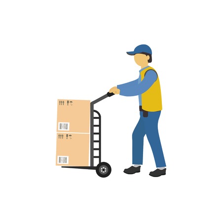 Vector illustration.  Male loader carries a wheelbarrow with parcels. Courier delivery concept.のイラスト素材