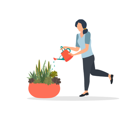 Pretty girl watering potted  flowers from watering cans. Doing housework. Flower care. Flat style. Vector illustration.のイラスト素材