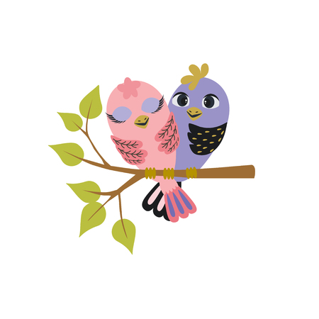 Cute and colorful two birds sit  on spring tree branch. Vector illustration for you design, scrapbooking, children's room.のイラスト素材