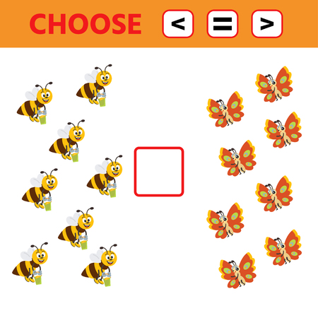 Education logic game for preschool kids. Choose the correct answer. More, less or equal. Bee and butterfly. Vector illustrationのイラスト素材