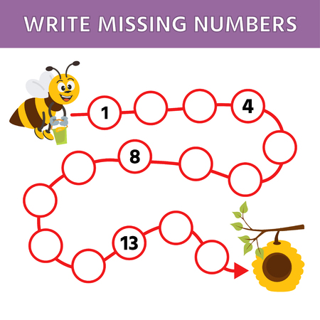 Mathematics  education logic game for preschool kids. Complete the row, write missing numbers. A bee flies to the hive. Vector illustrationのイラスト素材