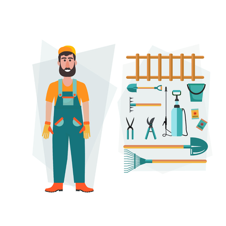 Garden instruments and symbols of gardening, gardener or farmer. Template for your design.  Vector illustrationのイラスト素材