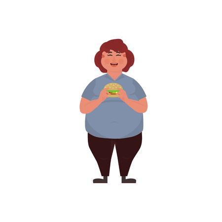 Fat woman eating a big tasty hamburger. Funny Cartoon Character. Vector illustration of bad habits and people eating  junk food.のイラスト素材