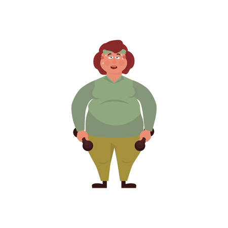 Vector illustration overweight fat woman with dumbbells. Concept Health problems of fast food. Cartoon Style.のイラスト素材