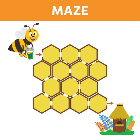 Cartoon maze for kids with cute bee and hive. Labyrinth. Maze game for kids. Development activity for preschool children.のイラスト素材
