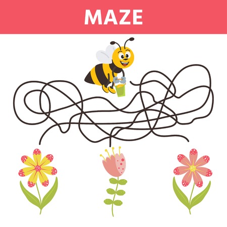Cartoon maze for kids with cute bee and flower. Labyrinth. Maze game for kids. Development activity for preschool children.のイラスト素材