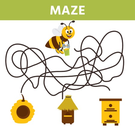 Cartoon maze for kids with cute bee and hive. Labyrinth. Maze game for kids. Development activity for preschool children.のイラスト素材