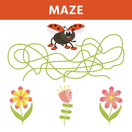 Maze  with ladybug and flowers. Game for kids. Vector illustration.のイラスト素材