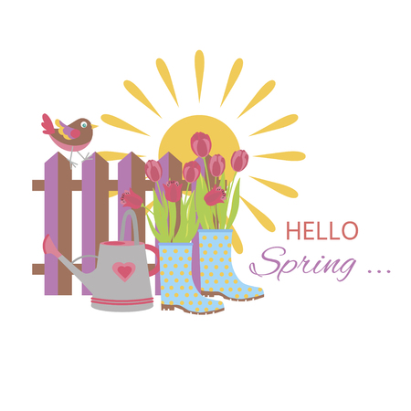 Cute gardening lifestyle with spring flowers and little bird on white background. Gardening spring set. rubber boots, watering can, bird,  tulip bouquet.のイラスト素材