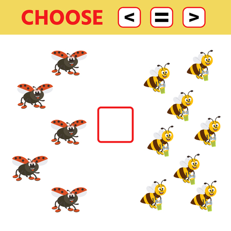 Education logic game for preschool kids. Choose the correct answer. More, less or equal. Ladybug and bee. Vector illustrationのイラスト素材