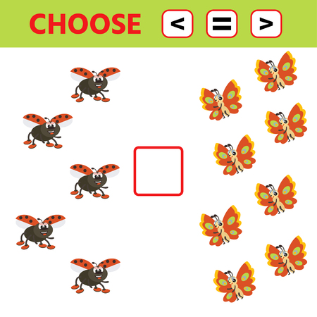 Education logic game for preschool kids. Choose the correct answer. More, less or equal. Ladybug and butterfly. Vector illustrationのイラスト素材