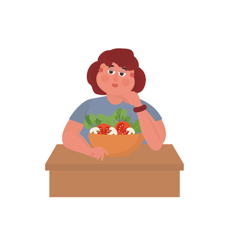 Fat woman at the table with a plate of salad. Funny Cartoon Character. Vector illustration of bad habits and people eating  junk food.のイラスト素材